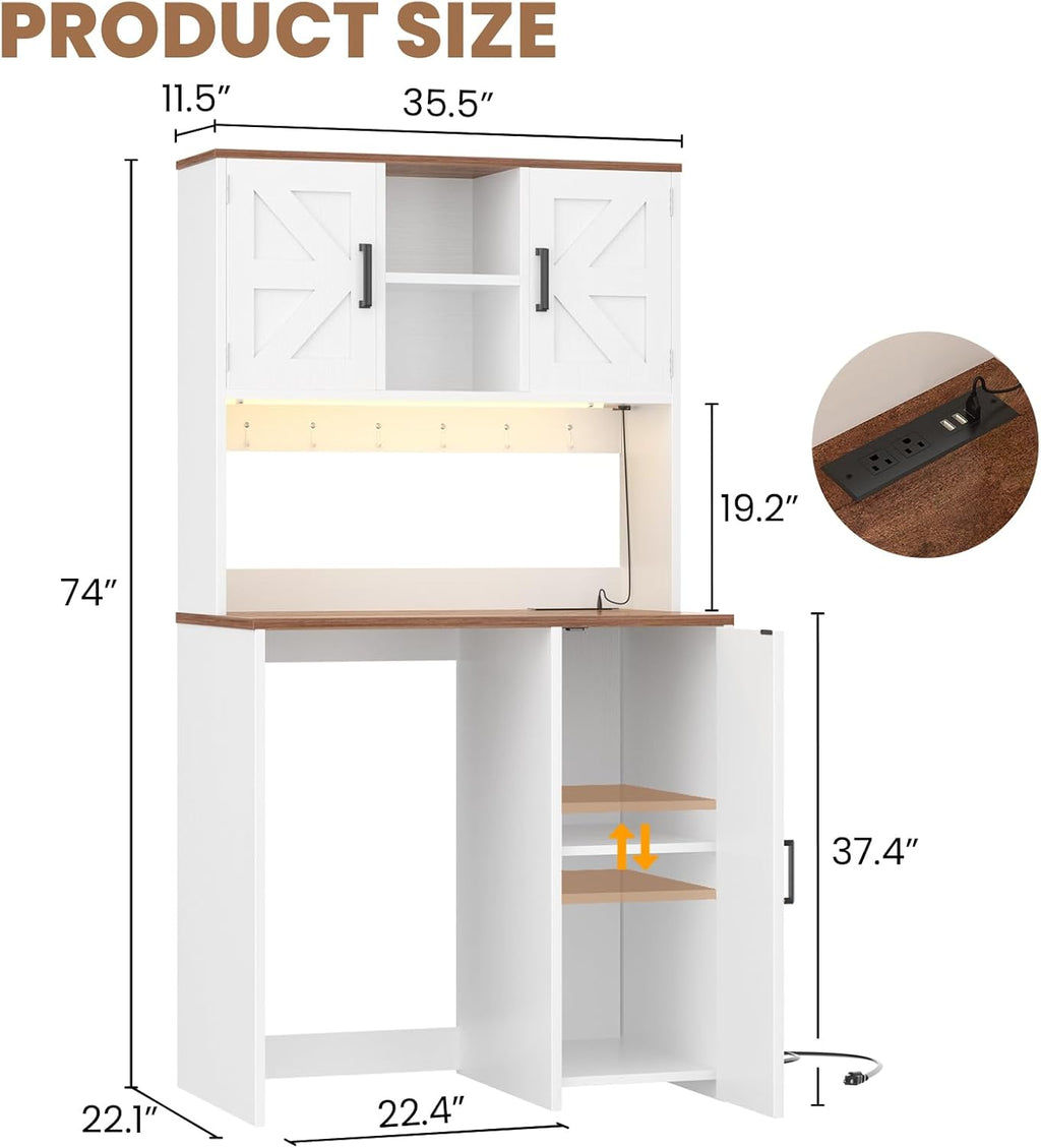 Unikito Mini Fridge Cabinet with Storage, Coffee Bar Cabinet with Outlet & Led Light, Liquor Wine Bar Stand with Mini Fridge Space & Microwave Shelf, Beverage Station for Kitchen Dorm Office, White