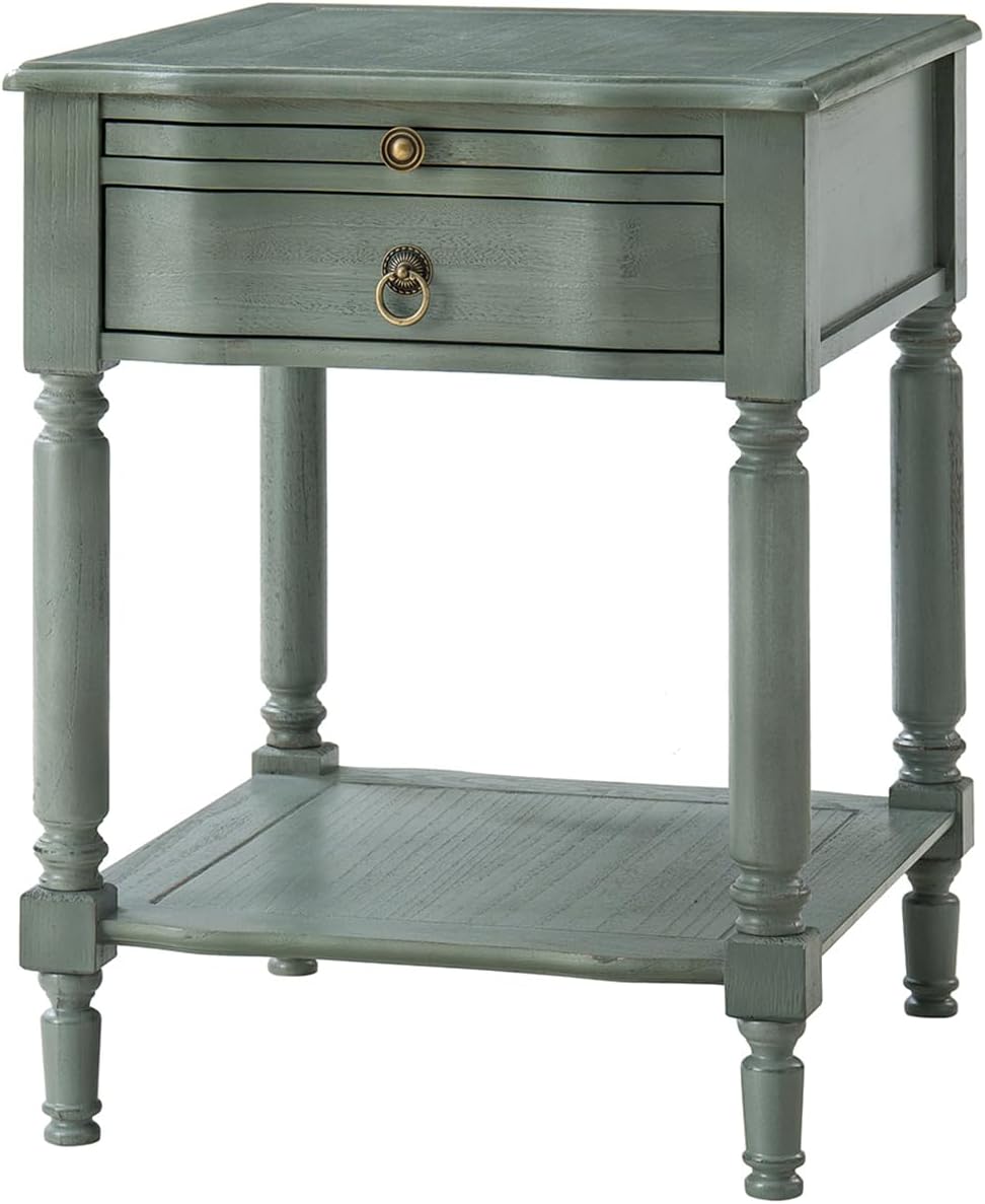 HULALA HOME Small End Table with Charging Station, Solid Wood Side Table with a Drawer & Open Shelf, Vintage Finish, Spindle Legs(Blue)