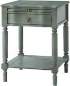 HULALA HOME Small End Table with Charging Station, Solid Wood Side Table with a Drawer & Open Shelf, Vintage Finish, Spindle Legs(Blue)