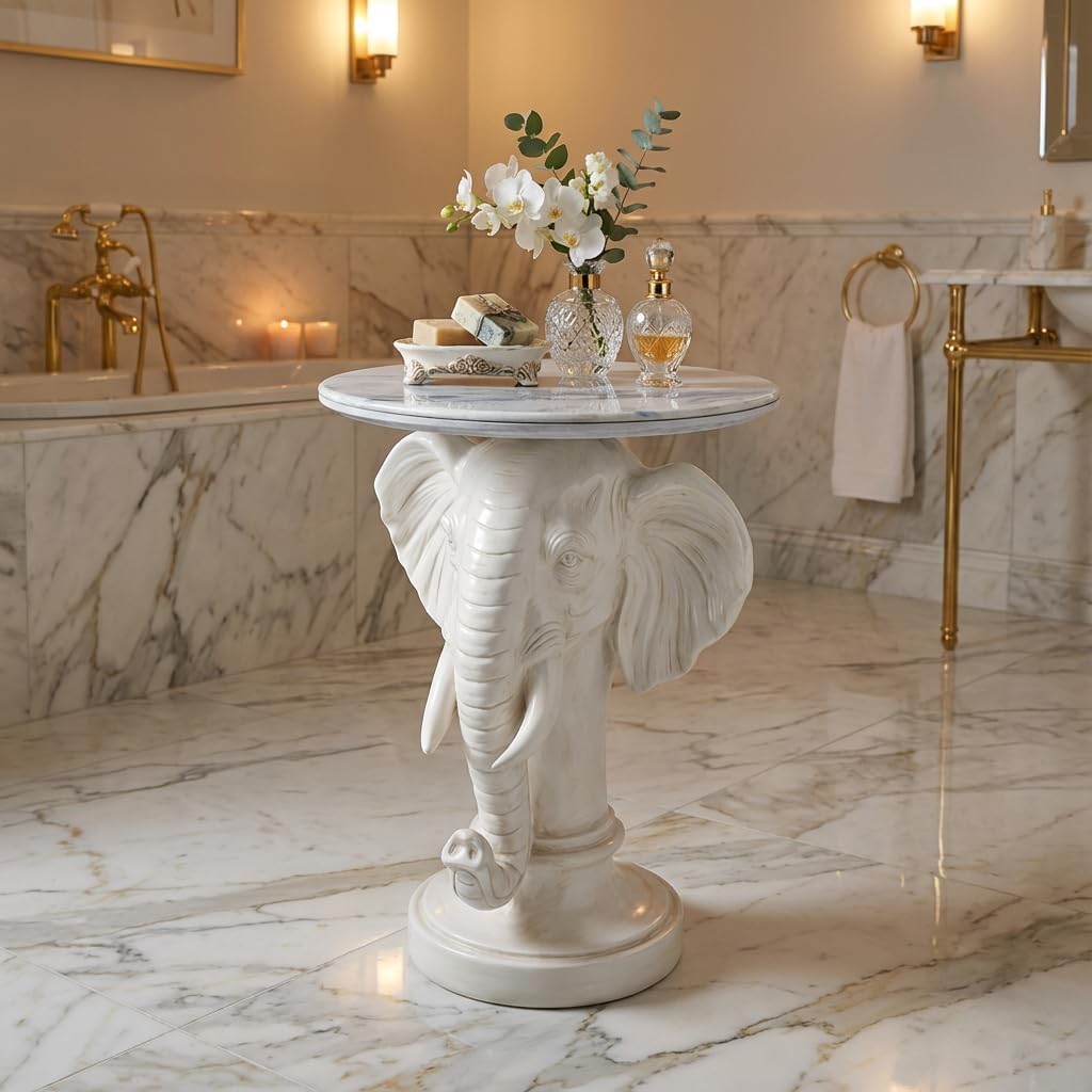 Elephant End Table – 25.98in Tall Artificial Marble Top Decorative Accent Table with Resin Sculpture Base, Perfect for Living Room, Bedroom, Entryway