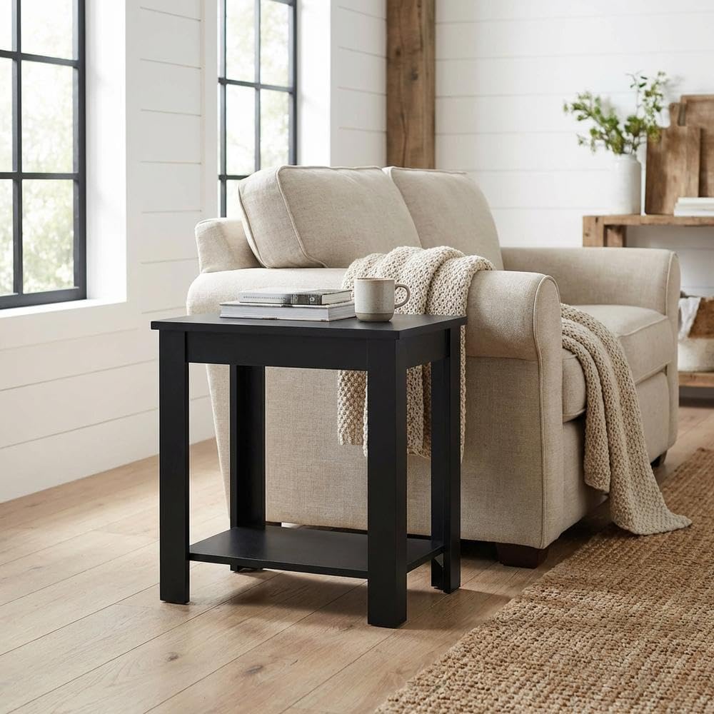 Furnifact Chairside End Table, Black Finish, Lower Shelf, MDF Material, Quick Easy Setup, Complement Any Existing Furnishings