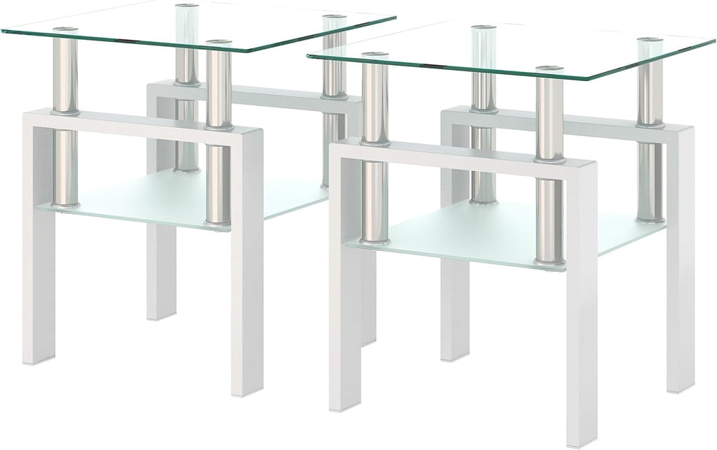 BIGTO 2 Pcs Tempered Glass Side Table, End Table for Living Room, Sofa Table White 17.72''*17.72''*20.5''Living Room Furniture