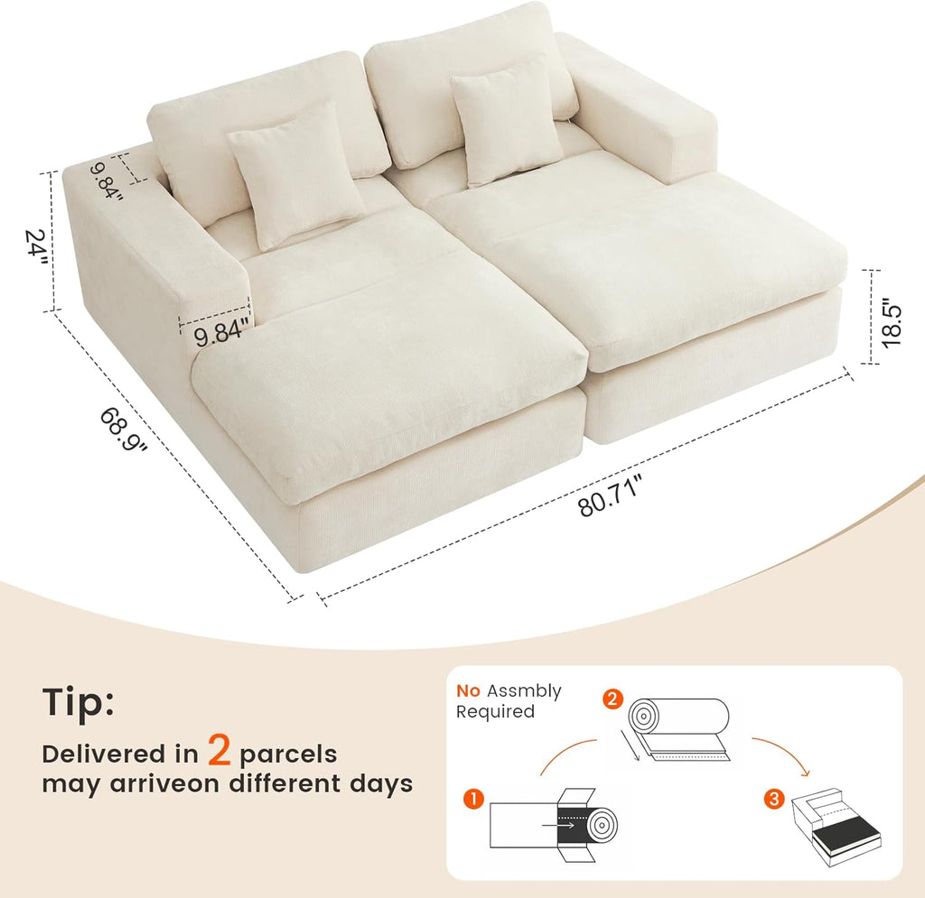 80.7" Oversized Double Chaise Lounge Chair Indoor, Cloud Boneless Sleeper Sofa Bed with 4 Pillows, Extra Deep Seat Cozy Loveseat Couch for Living Room Bedroom, No Assembly Required (Beige)