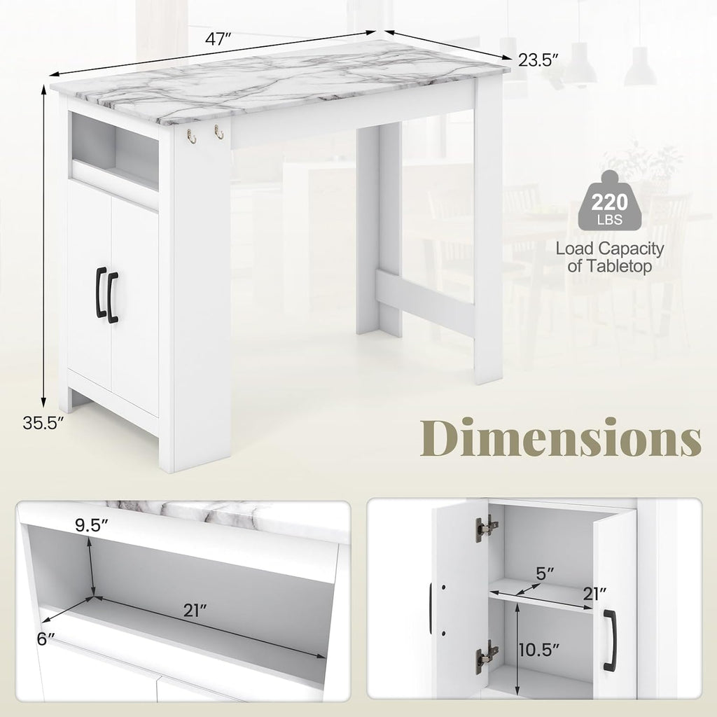 COSTWAY Bar Table, Modern Faux Marble Breakfast Table with 7 Hanging Hooks, Open Compartment, Storage Cabinet & Adjustable Shelf, Counter Height Dining Table for Kitchen, Dining Room, Living Room | 7 Hanging Hooks, Open Compartment, Storage Cabinet &