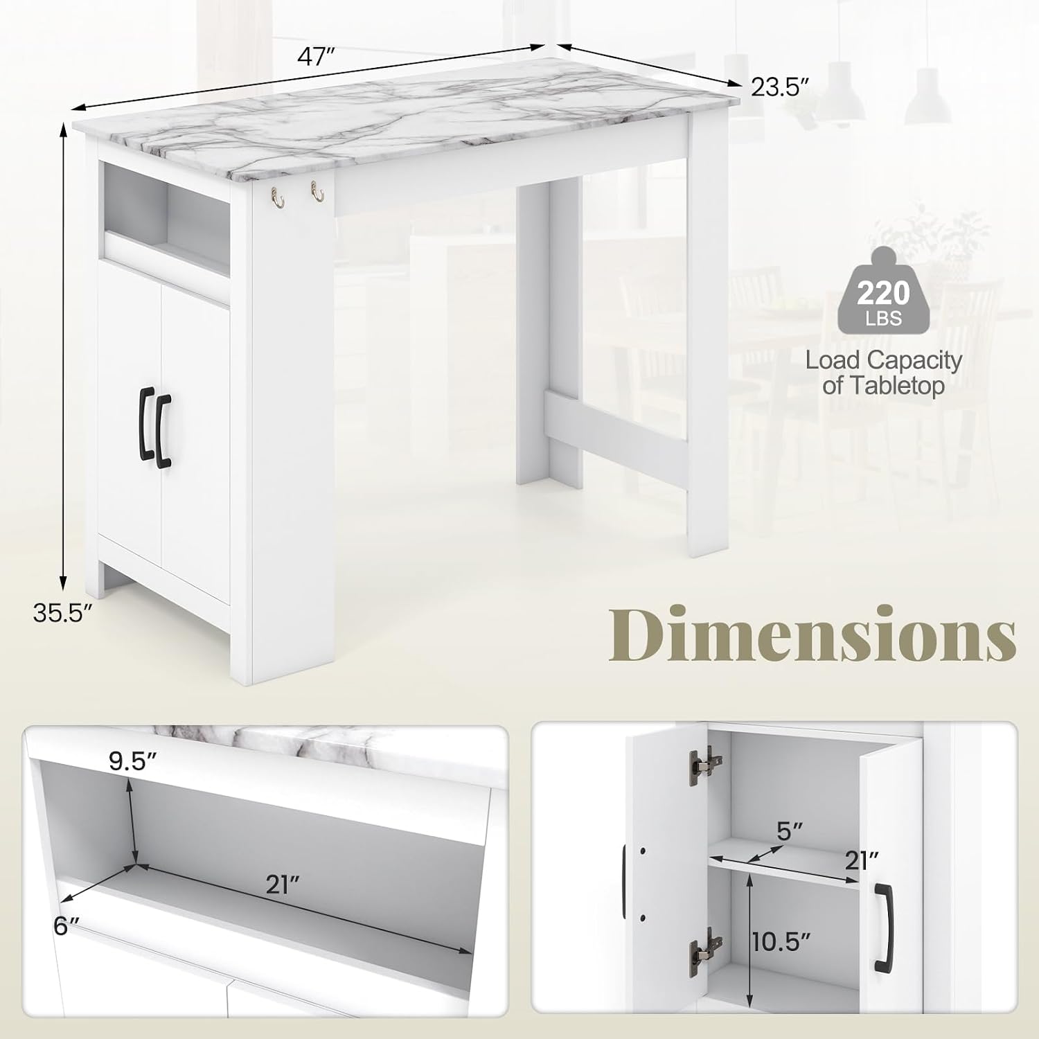 COSTWAY Bar Table, Modern Faux Marble Breakfast Table with 7 Hanging Hooks, Open Compartment, Storage Cabinet & Adjustable Shelf, Counter Height Dining Table for Kitchen, Dining Room, Living Room | 7 Hanging Hooks, Open Compartment, Storage Cabinet &