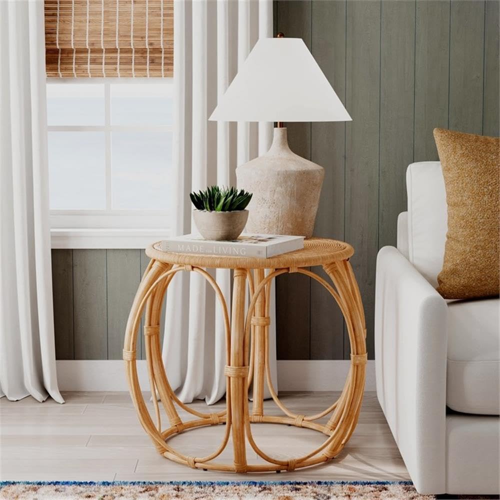 Beaumont Lane Round Woven Rattan End Table, Natural Finish, 28" W x 28" D x 24" H, Durable Rattan Construction, Open Weave Design, Eco-Friendly Living Room, Family Room or Sunroom Side Table