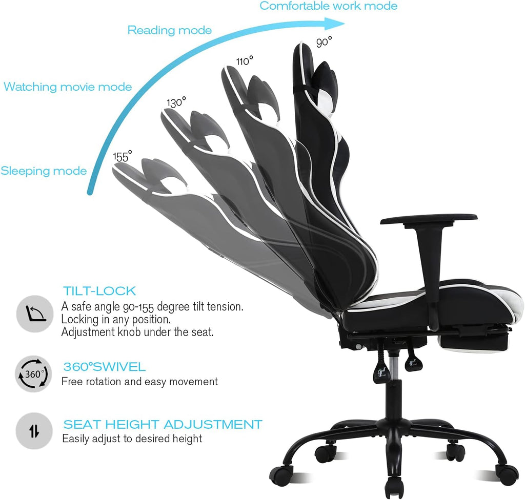 HCB Gaming Chair, Computer Office Chair, Ergonomic Desk Chair Height Adjustable Recliner Swivel High Back with Lumbar Support, Footrest, Headrest, Racing Style （White）