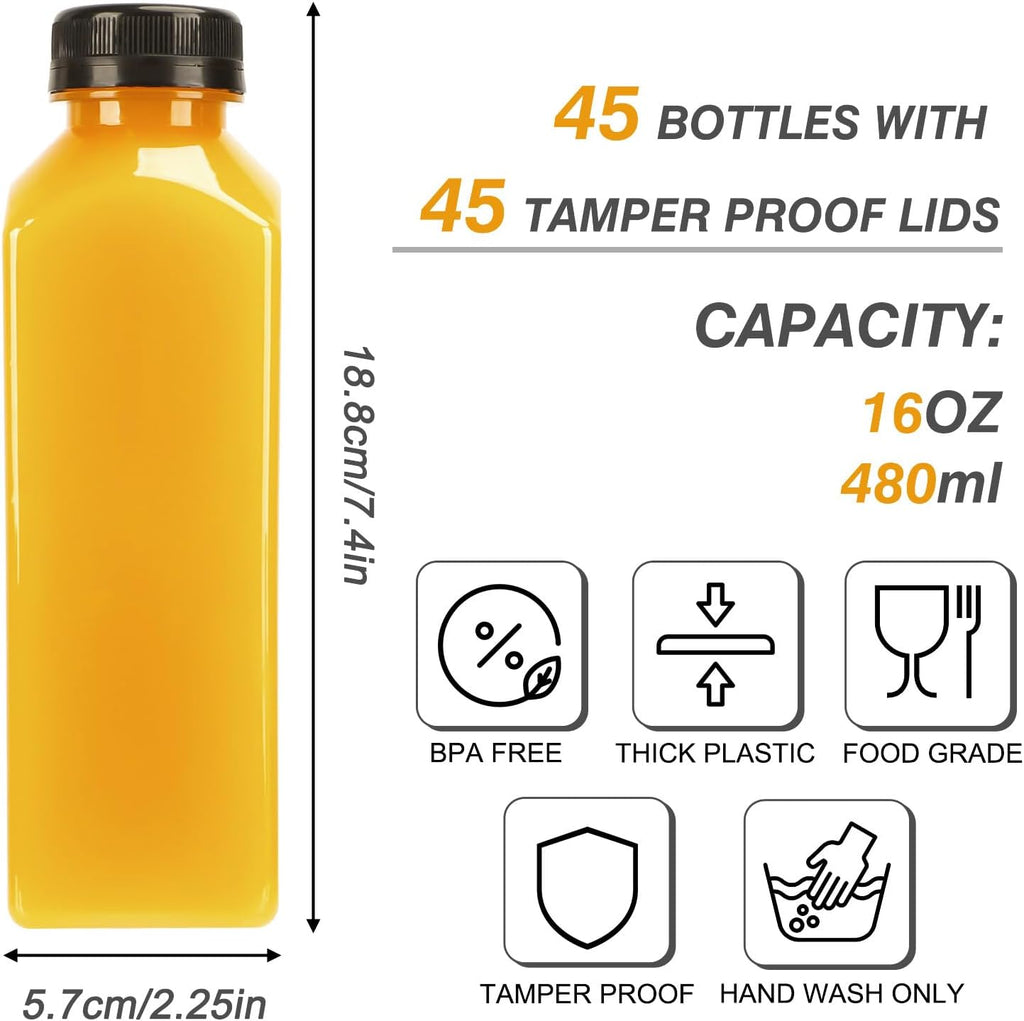 TOMNK 45pcs Juice Bottles with Lids, 16oz Reusable Plastic Juice Bottles with Caps and Labels, Funnel, Brush Beverage Containers for Juicing, Smoothies, Tea, Milk