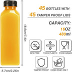 TOMNK 45pcs Juice Bottles with Lids, 16oz Reusable Plastic Juice Bottles with Caps and Labels, Funnel, Brush Beverage Containers for Juicing, Smoothies, Tea, Milk