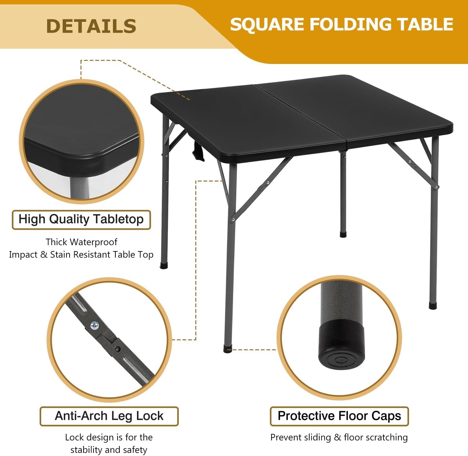 BLKMTY 34" Square Folding Card Table, Indoor Outdoor Portable Picnic Table Half Foldable Plastic Tables with Carrying Handle for Kitchen Camping Party BBQ Event, Black