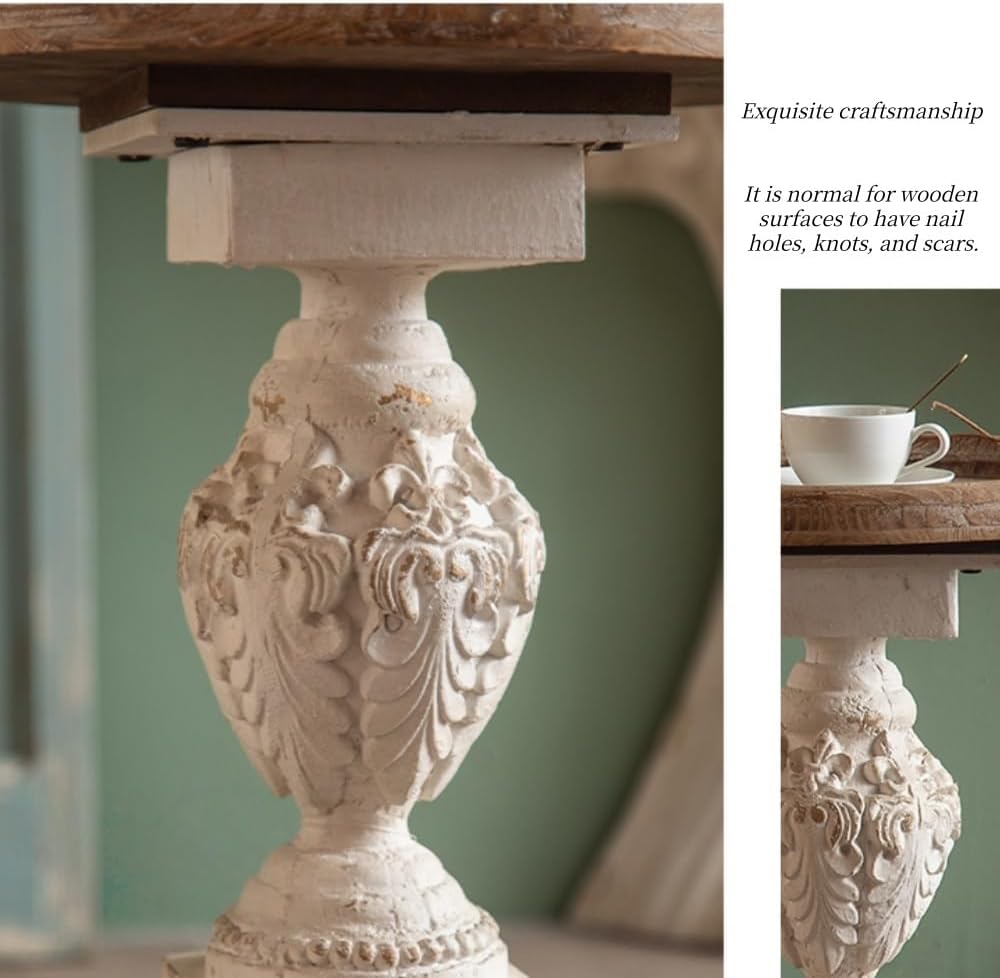 Vintage Round Side Table with Carved Pedestal, Rustic Accent End Table for Living Room, Balcony or Entryway Decor