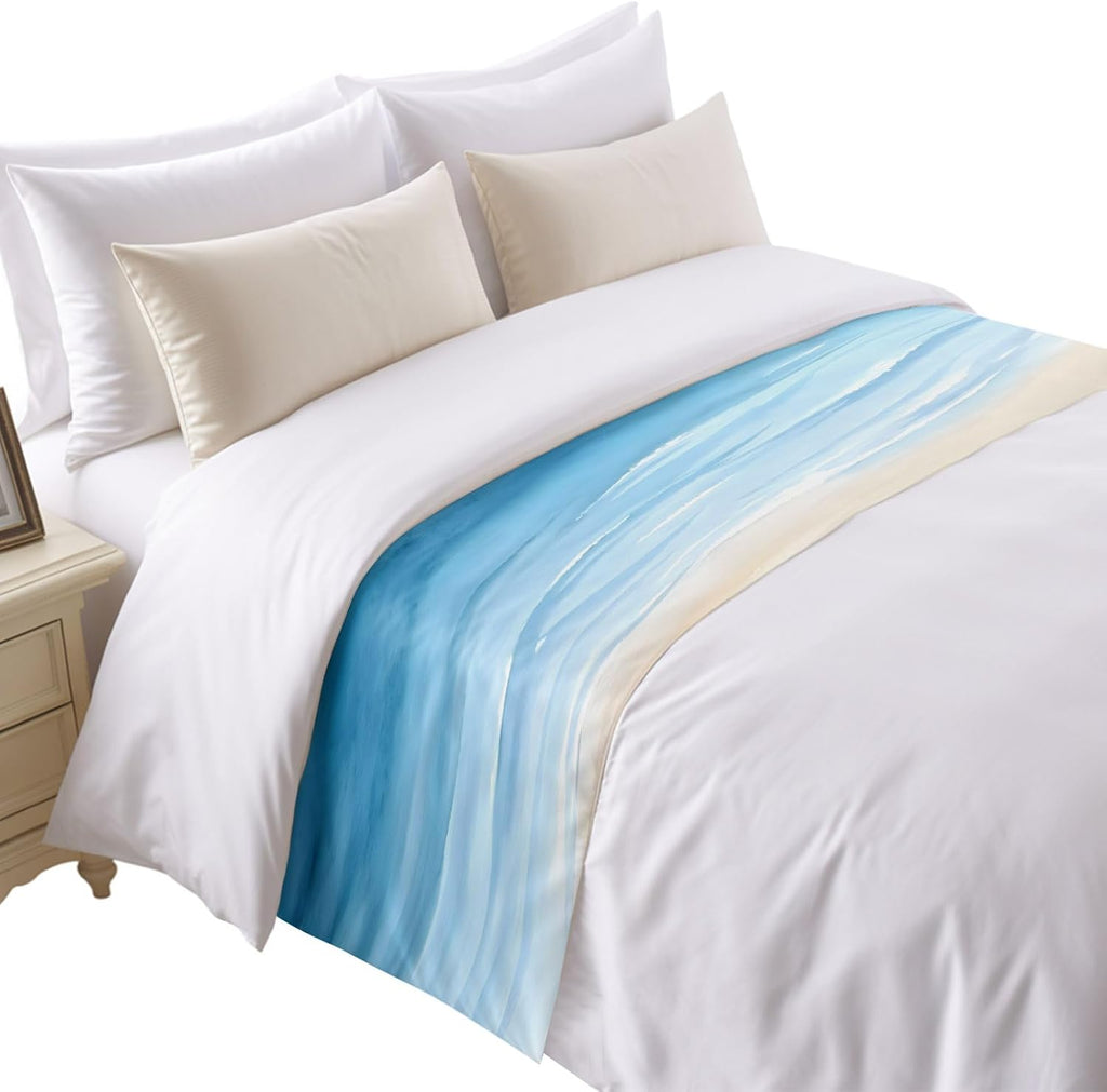 Bed Runner Scarf for King Size Bed, Blue Summer Beach Beds Scarf Throws for Foot of Bedding, Coastal Ocean Nautical Seaside Decorative Beds Runners for Bedroom Guestroom, 94"x20"