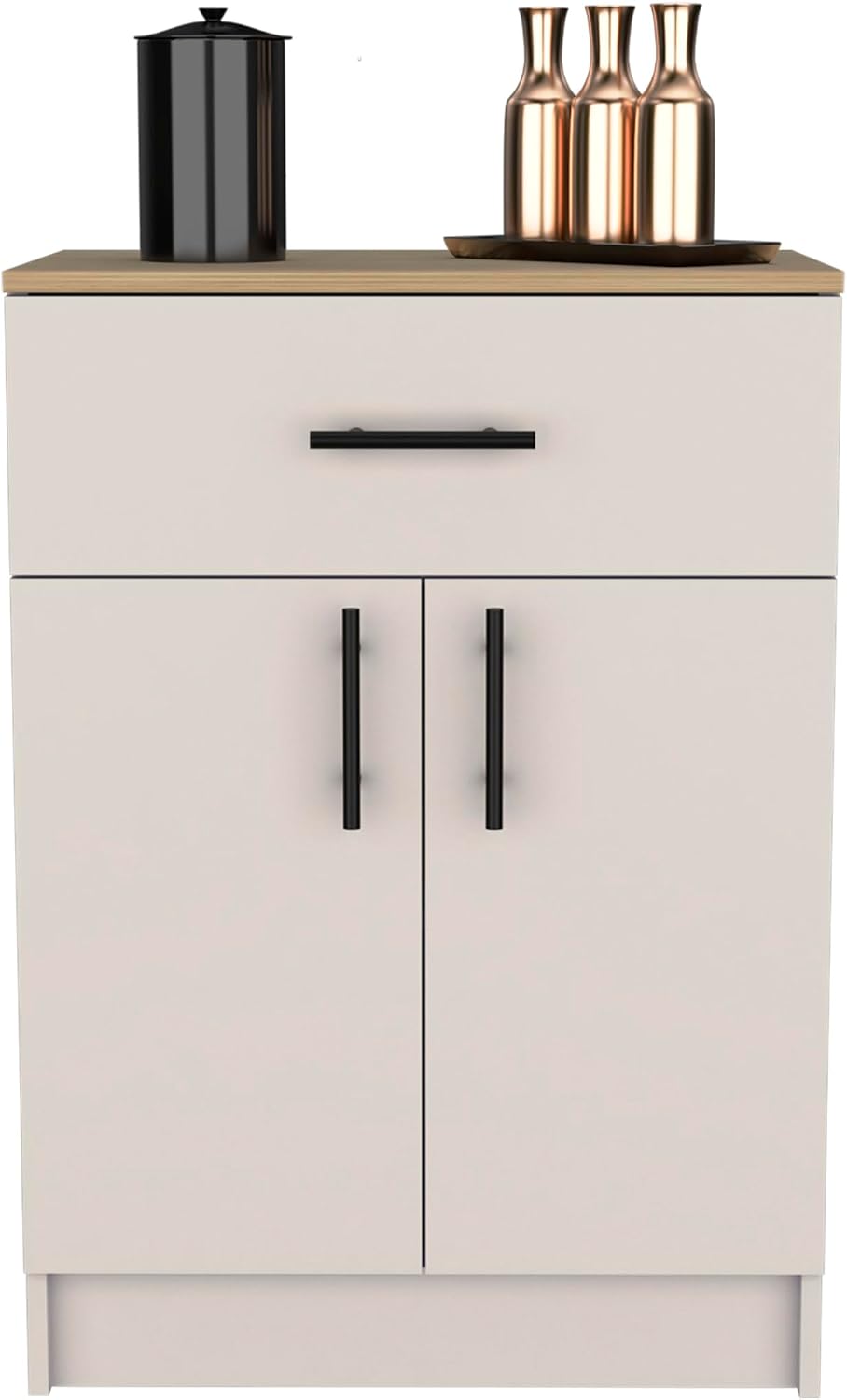 Pantry Organizer Cabinet, 33" H with Drawer, Shelves & Doors, Ivory/Natural Oak, Kitchen Storage Solution