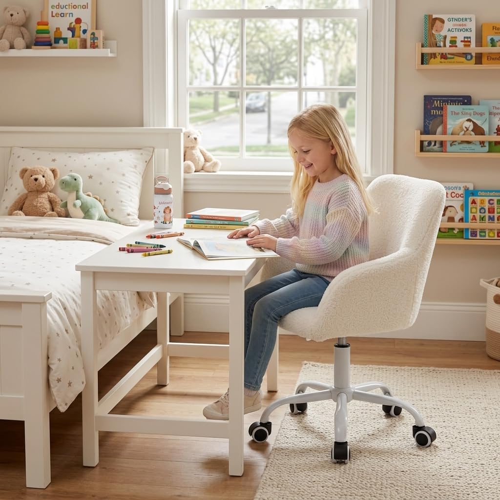 Ya-Home Kids Desk Chair Faux Fur Upholstered Swivel Reading Chair, Cute Adjustable Study Chair with White Wheels for Reading Room Bedroom, White