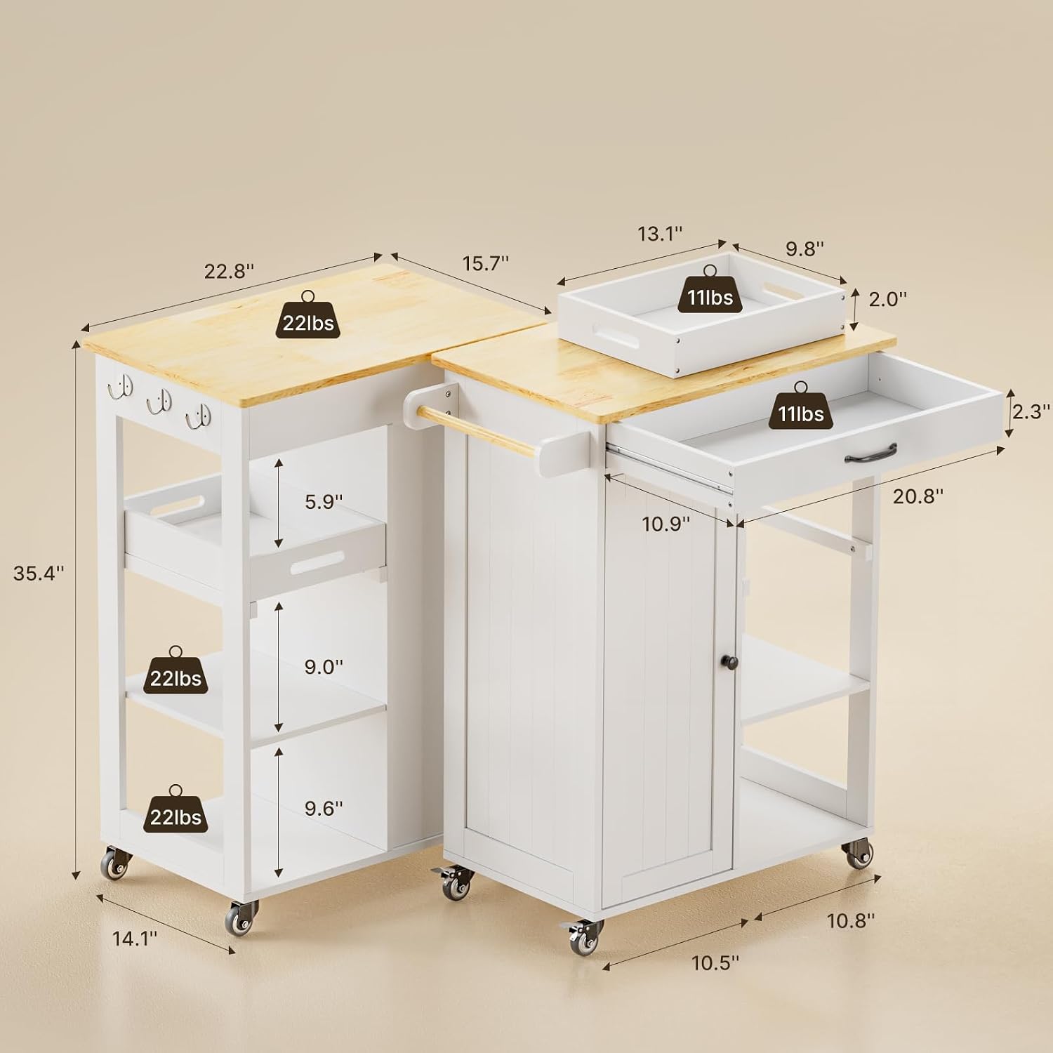 Gizoon Kitchen Island Cart with Storage Cabinet & Removable Tray | 27.6''W Mobile Kitchen Cart with Drawer, Towel Rack, 3 Hooks, 3 Open Shelves, Utility Trolley Cart for Dining Room, White