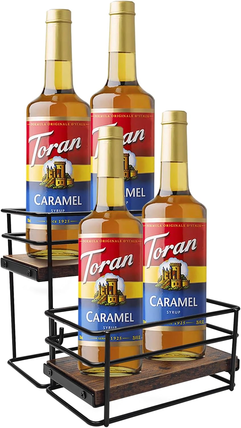 4 Bottle Coffee Syrup Rack Organizer 2 Tier Syrup Holder Stand for Coffee Bar Syrup Storage Shelves for Bar Family Storage Small Wine Rack for Syrup Wine Dressing