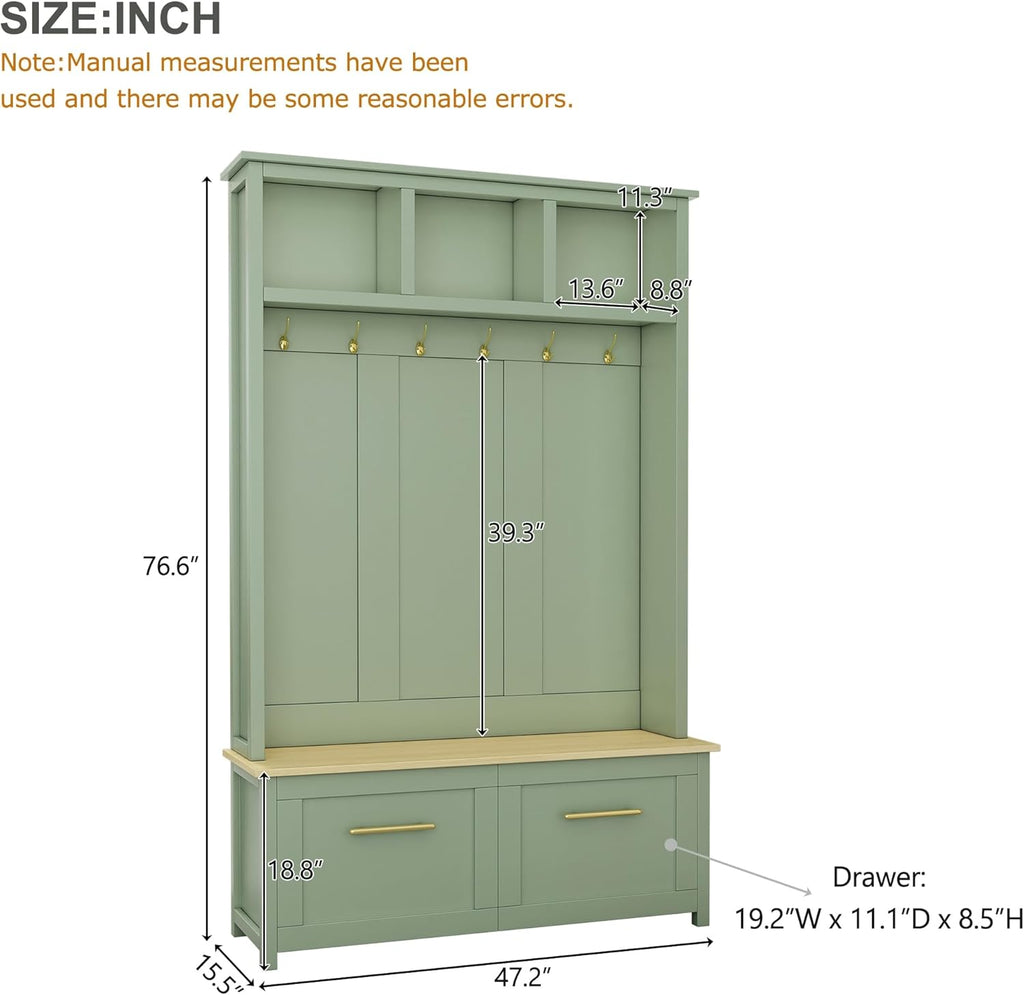 Multifunctional 4-in-1 Hall Tree with 6 Golden Hooks and Brown Wood Grain Storage Bench, Wood Entryway Coat Rack with 2 Drawers for Living Room, Hallway (Mint Green)