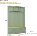 Multifunctional 4-in-1 Hall Tree with 6 Golden Hooks and Brown Wood Grain Storage Bench, Wood Entryway Coat Rack with 2 Drawers for Living Room, Hallway (Mint Green)