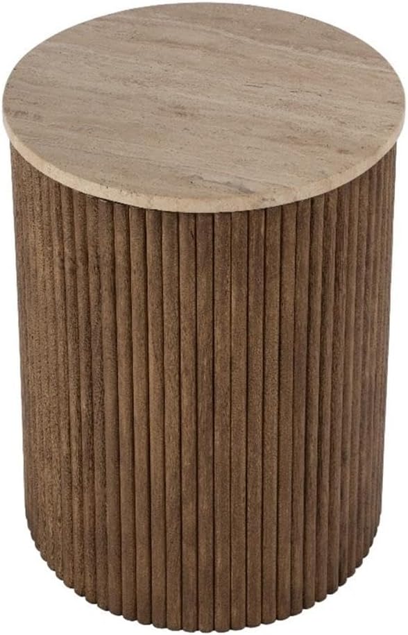 Beaumont Lane Modern Round Side Table, 15" x 19", Travertine Stone Top and Fluted Mango Wood Base, Natural Finish, Durable Accent Table for Living Room or Bedroom