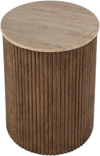 Beaumont Lane Modern Round Side Table, 15" x 19", Travertine Stone Top and Fluted Mango Wood Base, Natural Finish, Durable Accent Table for Living Room or Bedroom