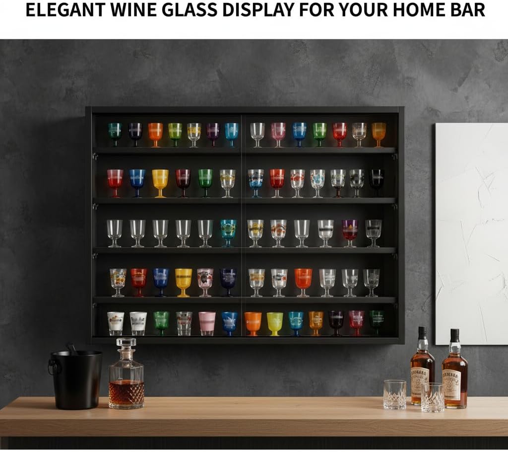 5-Tier Wall Mounted Shot Glass Display Case, No Assembly Required Wine Glass Display Cabinet with Glass Door & Adjustable Shelves, Bar Cabinet for Liquor Glasses, Bedroom Playroom, Black