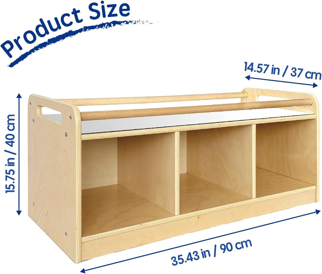 Montessori Shelf with Activity Top and Mirror, Birch Plywood Toy Storage Cabinet, Wooden Toddler Tummy Time Furniture for Home, Daycare Cubbies, Preschool, Playroom, Nursery, Kindergarten