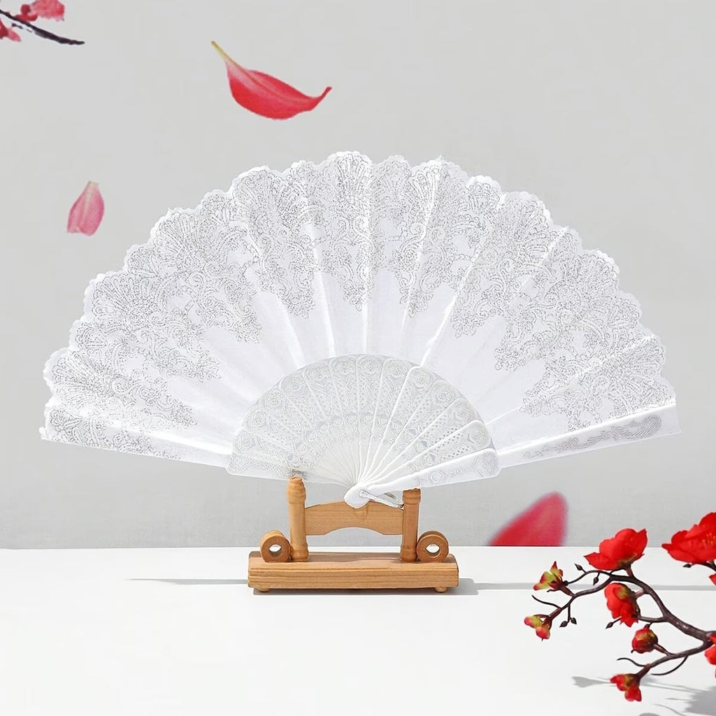 2PCS 9.05in White Lace Folding Hand Fan, Vintage Floral Handheld Fan for Wedding Bridal, Photo Prop, Party Dance, Decorative Cooling Fan,White