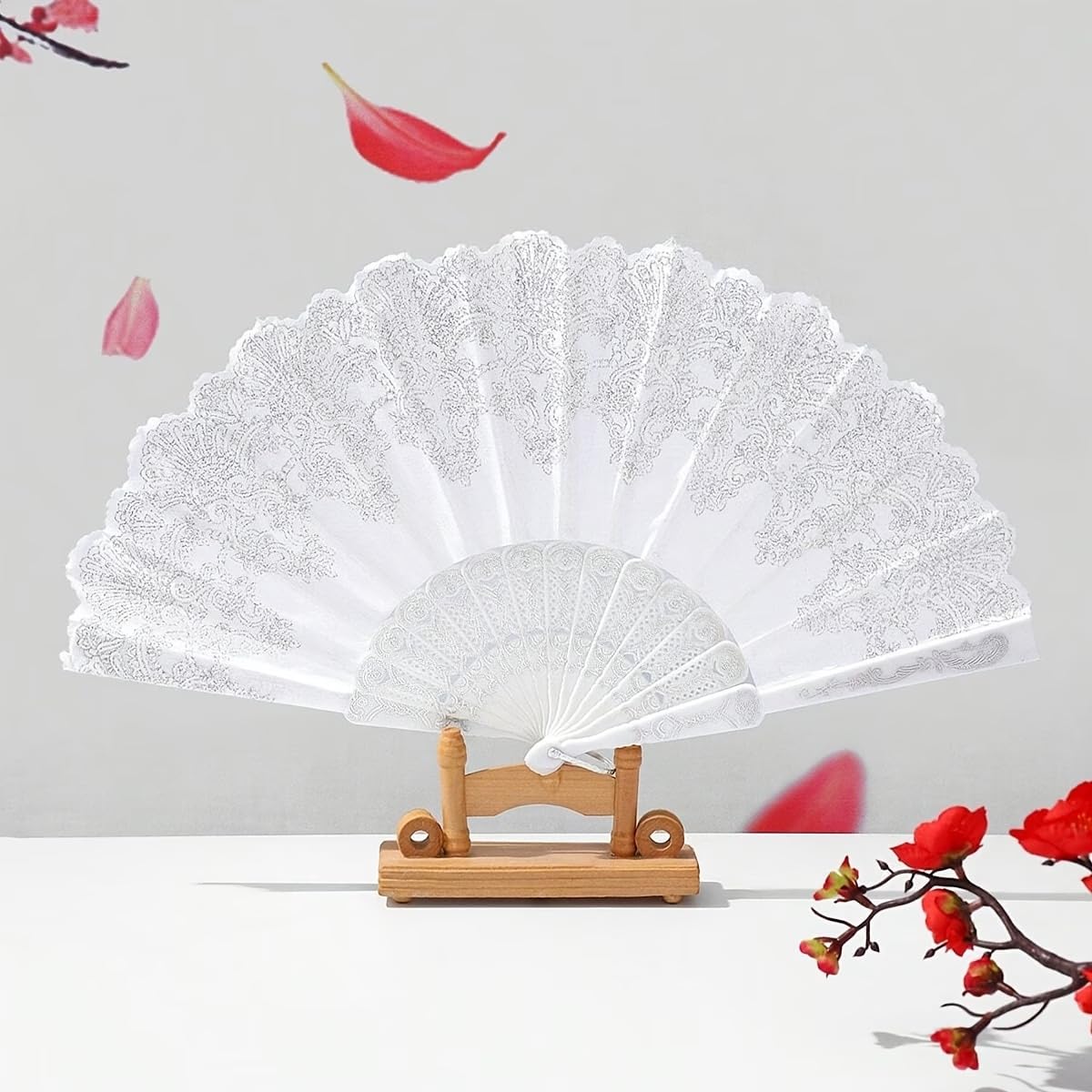 2PCS 9.05in White Lace Folding Hand Fan, Vintage Floral Handheld Fan for Wedding Bridal, Photo Prop, Party Dance, Decorative Cooling Fan,White