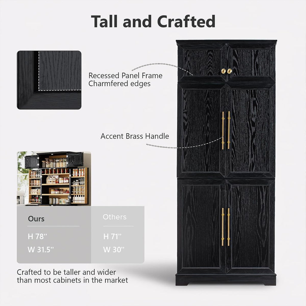 78.2" Tall Farmhouse Kitchen Pantry Cabinet with 8 Door Shelves & 4 Adjustable Shelves, Modern Storage Cabinet with Hidden Drawer & Wine Rack, Versatile Storage Cupboard for Kitchen (Black)