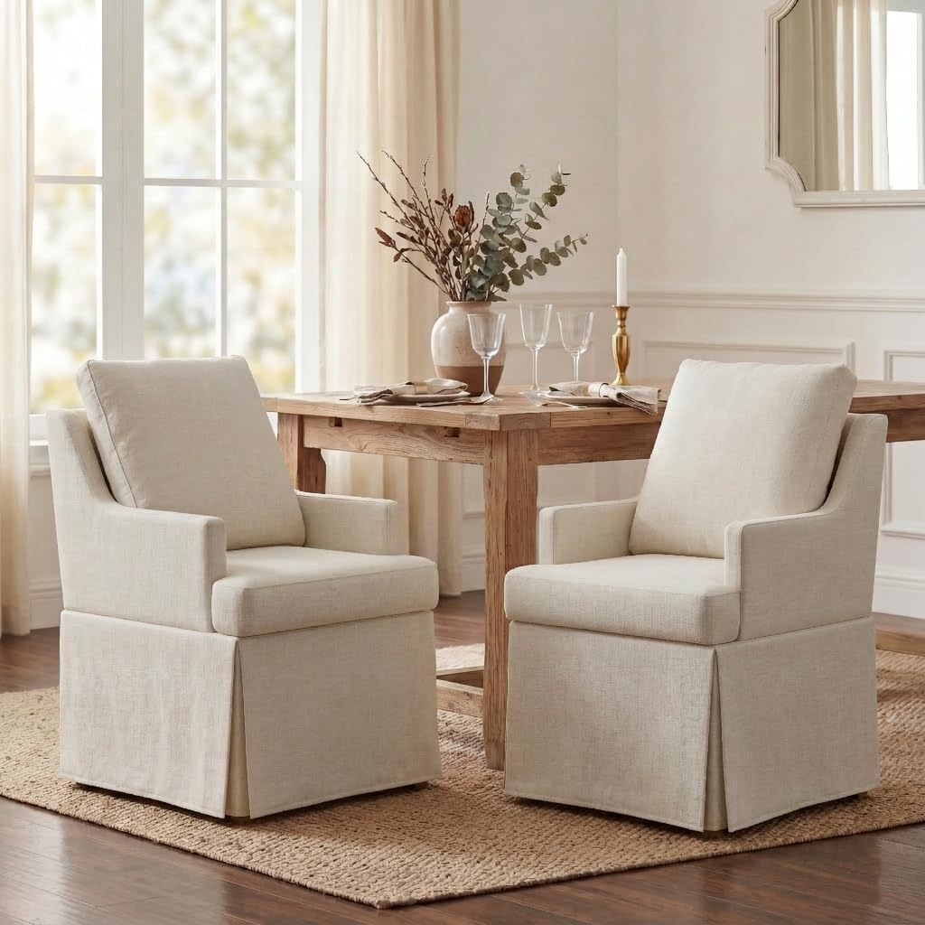 UVV Upholstered Dining Chairs Set of 2, Modern Kitchen Chair Dining Room Chair with 4 Casters, Linen Armchair for Bedroom Reading Room Living Room, Beige