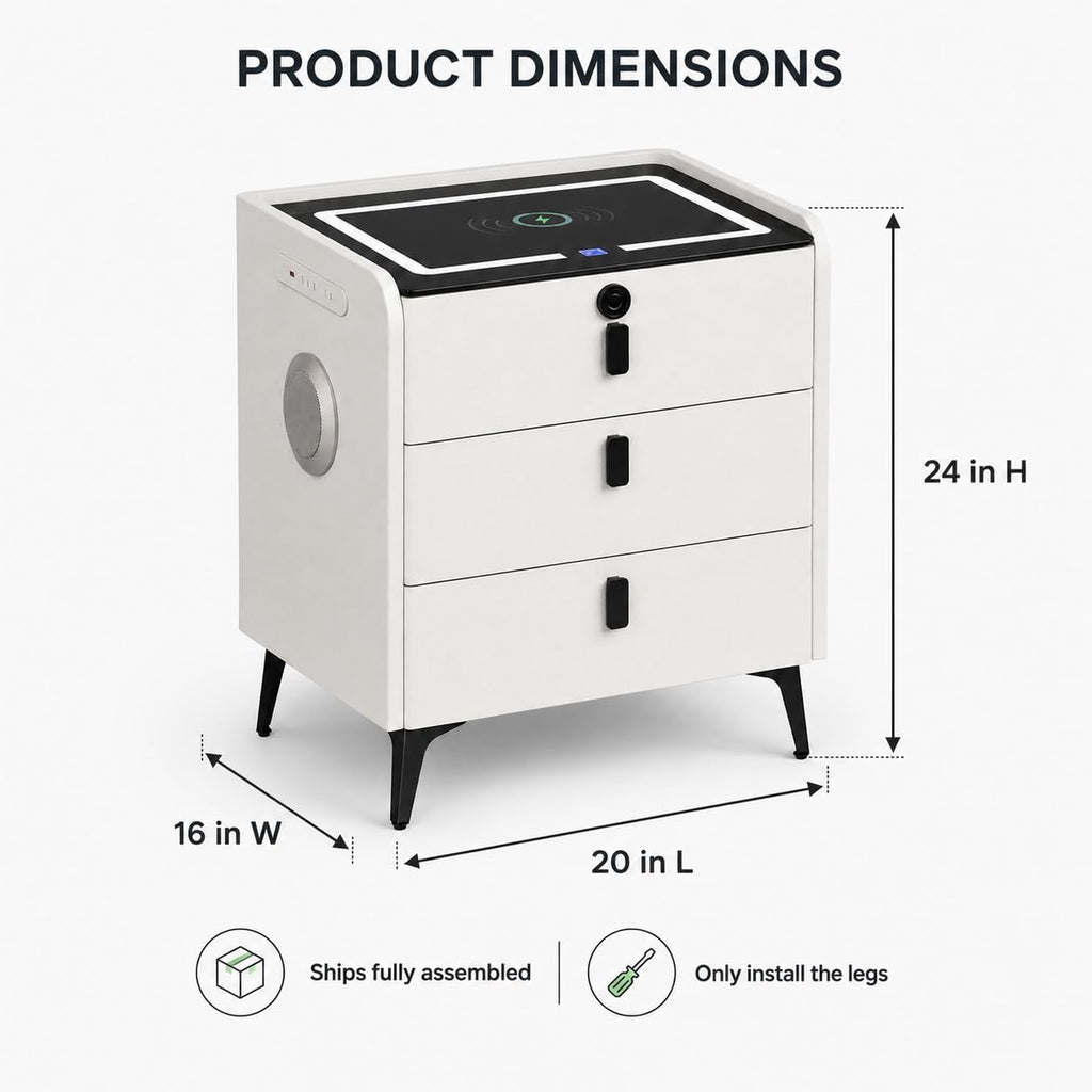 Smart Nightstand with Wireless Charging, with Fingerprint Lock Drawer, Night Stand with Charging Station,2 USB, LED Lights Bluetooth Speaker Side Table for Bedroom/Living Room (White)