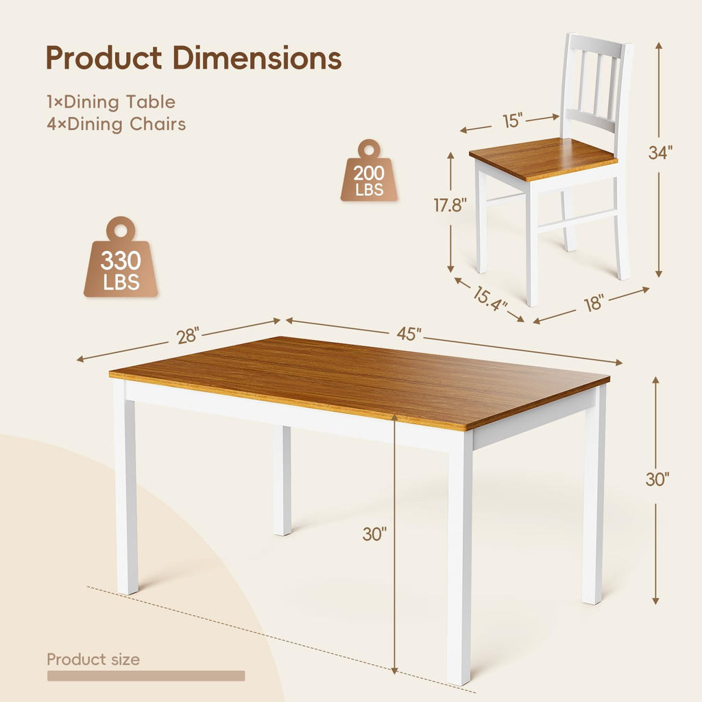 Dining Table Set for 4, Farmhouse Kitchen Table and Chairs with Rubber Wood Legs, Space-Saving Dinette Set, 5 Pieces Dining Table with Chairs for Small Spaces Kitchen Dining Room. Brown