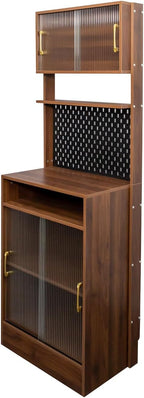 70.87" Freestanding Kitchen Sideboard, Sideboard Storage Cabinet with 2 Sliding Striped Glass Doors for Bottles, Wine, Coffee Maker, Microwave and More, Walnut