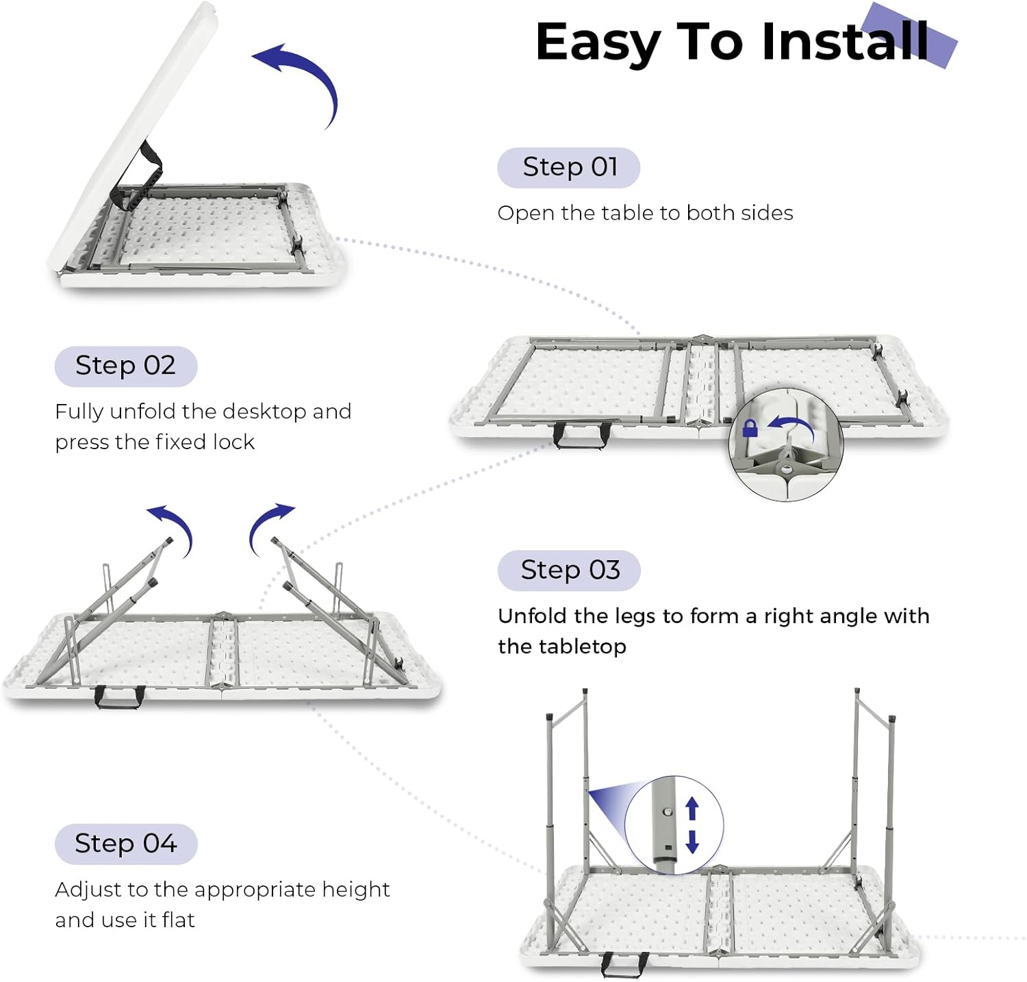 Byliable Folding Table 4 Foot Portable Heavy Duty Plastic Fold-in-Half Utility Table Small Indoor Outdoor Adjustable Height Folding with Carrying Handle, Camping and Party,White