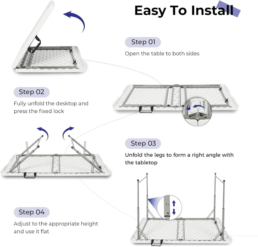 Byliable Folding Table 4 Foot Portable Heavy Duty Plastic Fold-in-Half Utility Table Small Indoor Outdoor Adjustable Height Folding with Carrying Handle, Camping and Party,White
