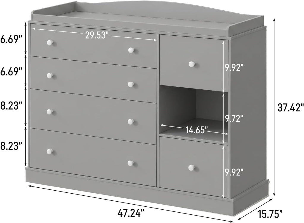 Kids Dresser Cabinet with 6 Drawers, Changing Table for Nursery with Shelf, Multi-Functional Chest of Drawers, Kids Bedroom Furniture, Nightstand for Children's Room, Grey