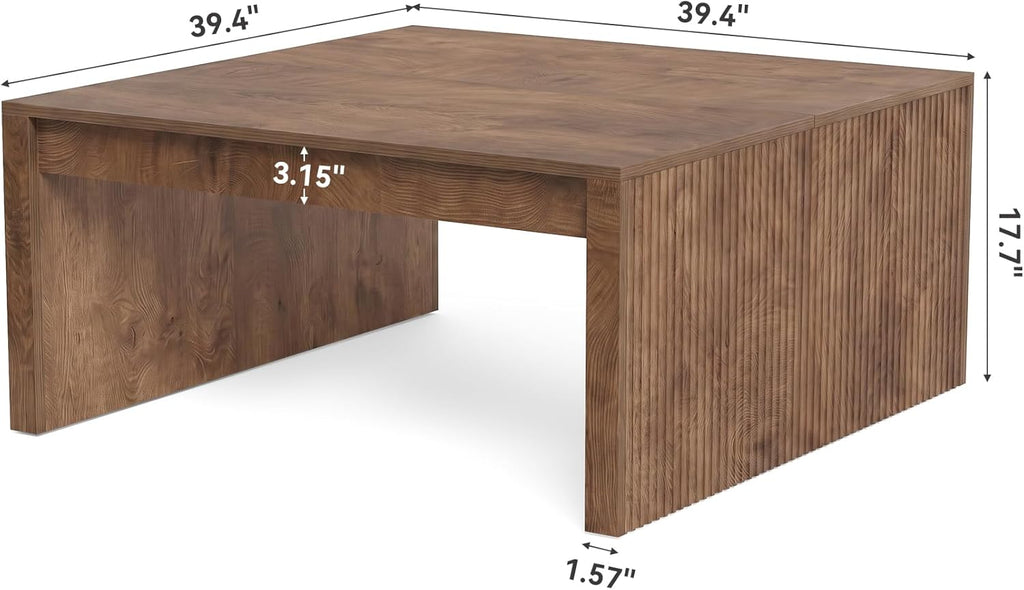 LITTLE TREE 39.4" Square Fluted Coffee Table, Mid-Century Modern Brown Center Table for Living Room, Architectural Wood Cocktail Tea Tables, Contemporary Coffee Tables, Easy Assembly