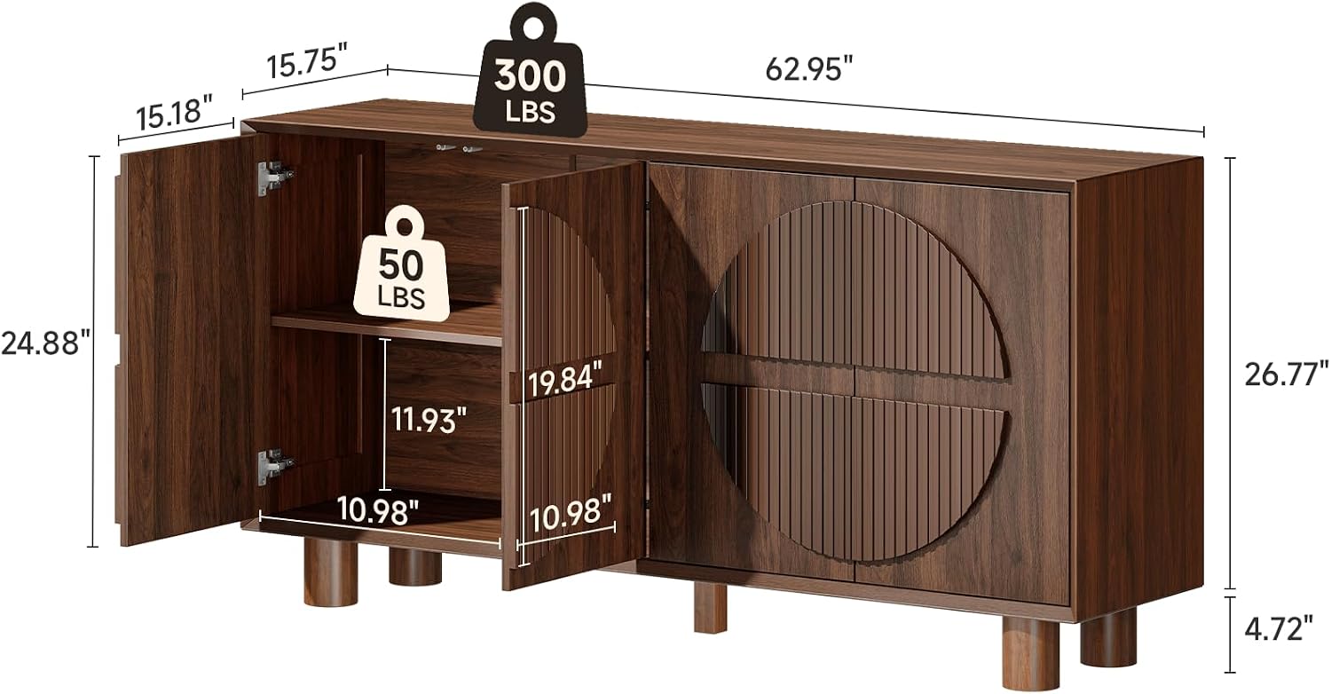 ONBRILL 63 Inch Fluted Buffet Cabinet with Storage, Modern Arched Sideboard with Push-Spring Doors, Adjustable Shelf, Wood Coffee Bar Cabinet Credenza for Kitchen, Living Room, Walnut