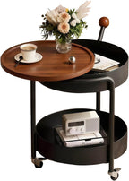 Mid-Century Modern Round Side Table, 2-Tier Mobile Sofa End Table with Rotatable Expandable Solid Wood Tabletop, Metal Frame Rolling Nightstand with Wheels for Living Room Bedroom，Black & Walnut
