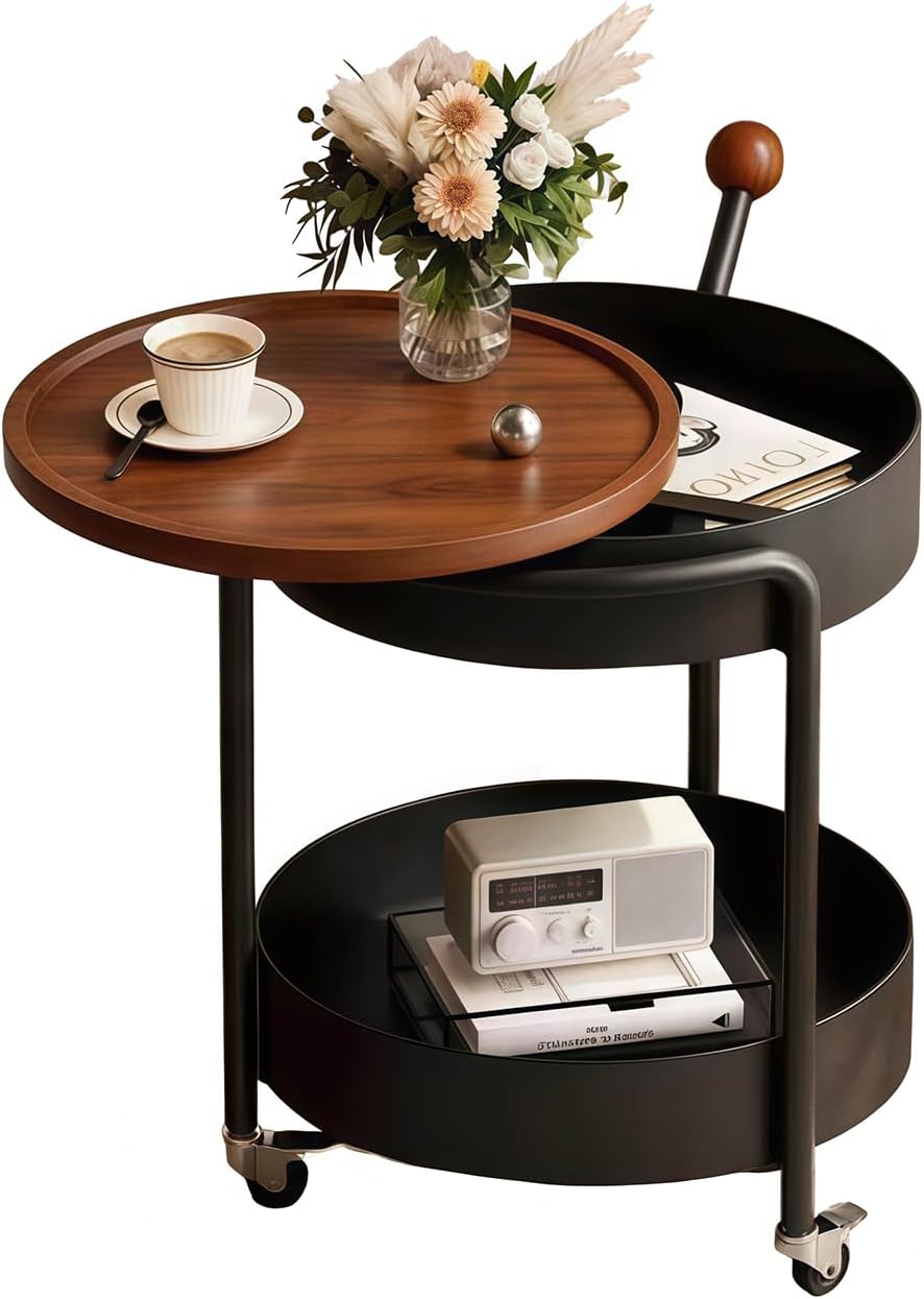 Mid-Century Modern Round Side Table, 2-Tier Mobile Sofa End Table with Rotatable Expandable Solid Wood Tabletop, Metal Frame Rolling Nightstand with Wheels for Living Room Bedroom，Black & Walnut