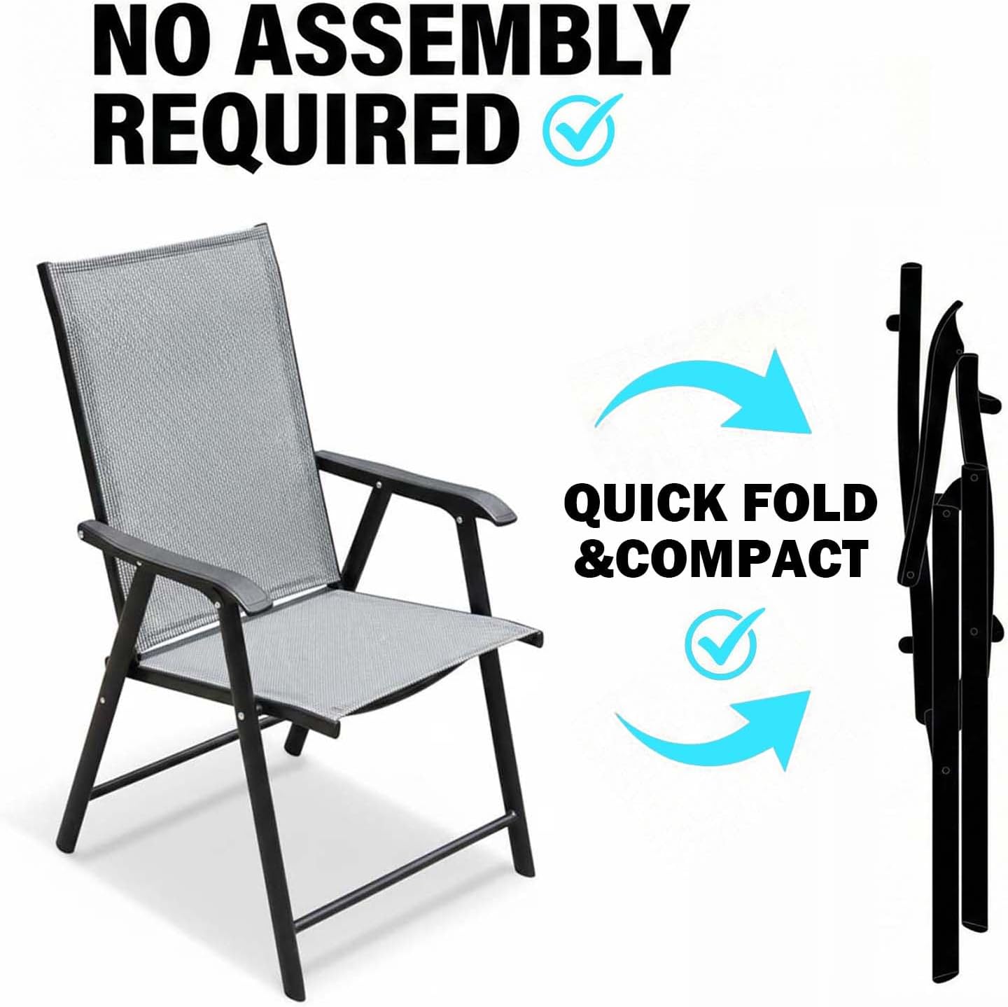 Outdoor Patio Chairs Set of 2, Gray Stackable Portable Deck Chairs for Garden, Camping and Travel, Space Saving Foldable Outdoor Dining Chairs, Weather Resistant Stackable Lawn Chairs