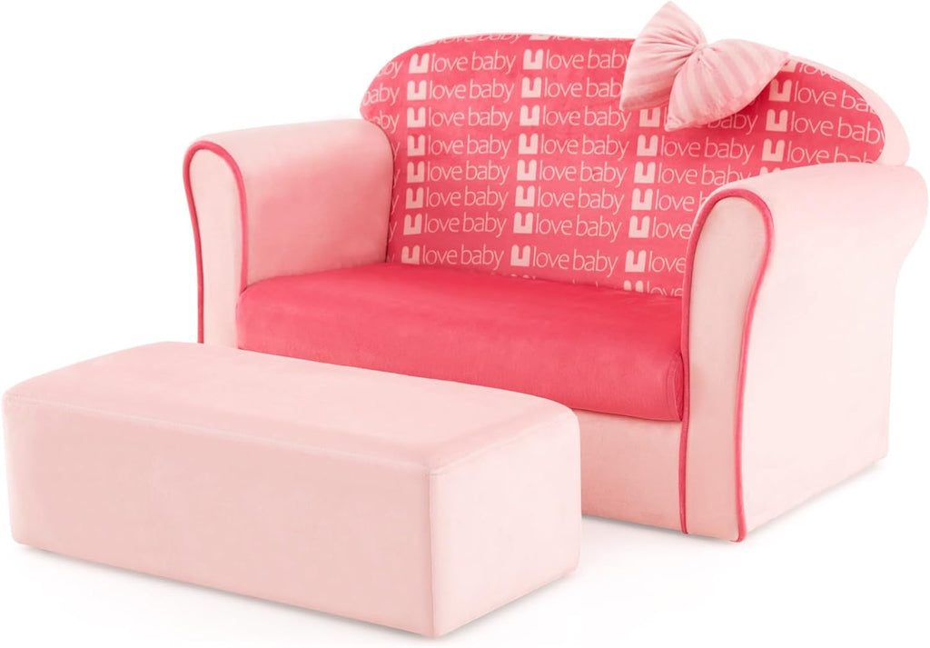 Costzon Kids Pink Couch, Toddler Mini Sofa for Kids Loveseat Aged 1-3, Upholstered Armchair with Velvet Surface & High-Density Sponge, Children's Sofa for Preschool Bedroom Playroom Gift Presents