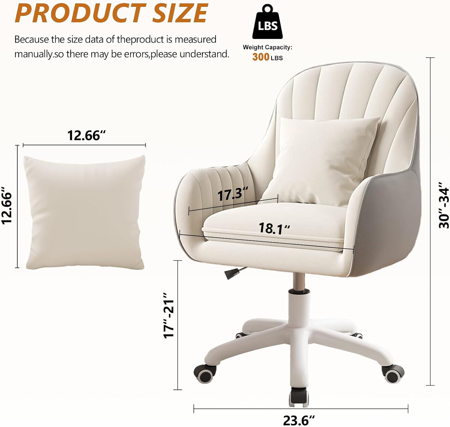 JPBSTO Upholstered Desk Chair with Pillow Swivel Rolling Accent Chair for Women Girls, Adjustable Height Vanity Chair with Wheels for Living Room, Home Office, Cream