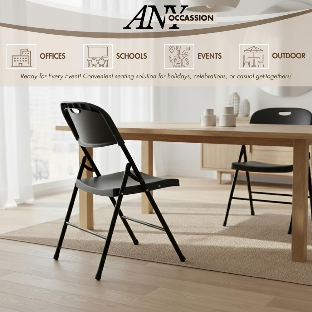 2-Pack Heavy Duty Plastic Folding Chair, 450 lbs Capacity Foldable Chairs for Indoor Outdoor, Stackable Portable Seating for Party, Wedding, Patio, Backyard, Office (Black)
