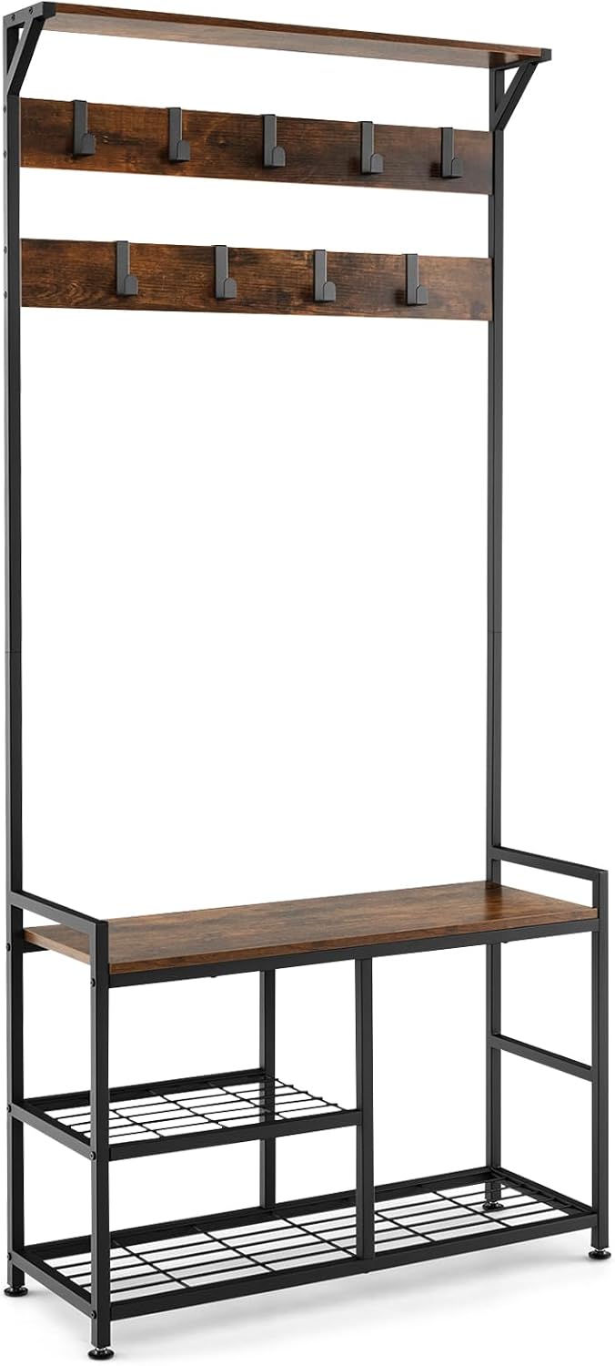 Tangkula Coat Rack Shoe Bench, 3-in-1 Industrial Hall Tree w/Storage Bench & 9 Hanging Hooks, 3-Tier Wood Look Entryway Bench w/Metal Frame, Adjustable Foot Pads for Dorm, Apartment, Hall, Brown