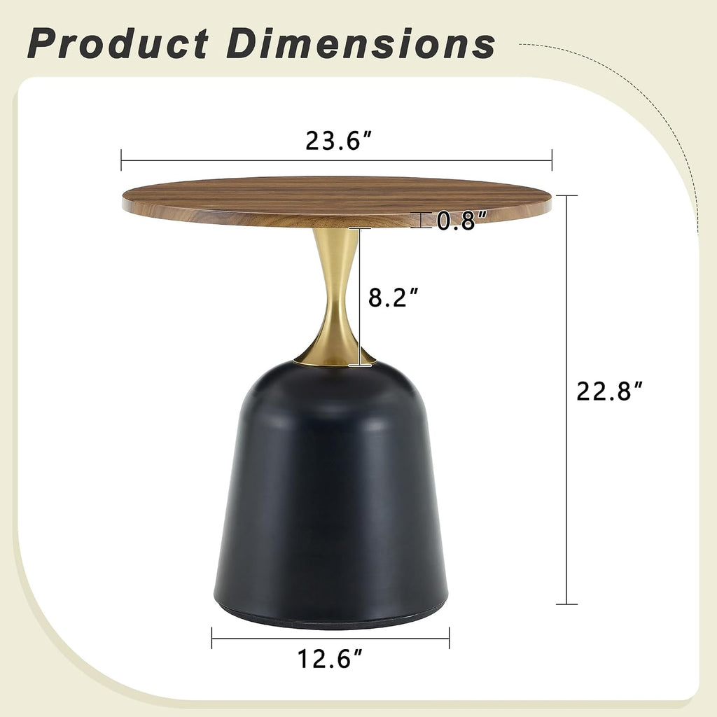 Round Side Table, 23.6 Inch, Walnut Wood Top with Black and Gold Metal Base, Modern Living Room End Table