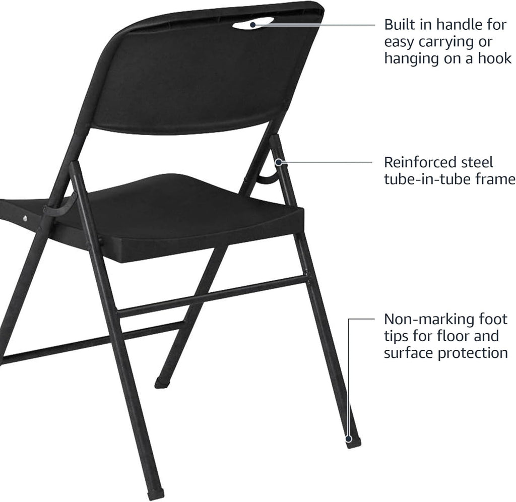 Amazon Basics Sturdy Foldable Portable Plastic Chair, 350-Pound Capacity, Supportive Seating for Events, Space-Saving, Black, 6-Pack