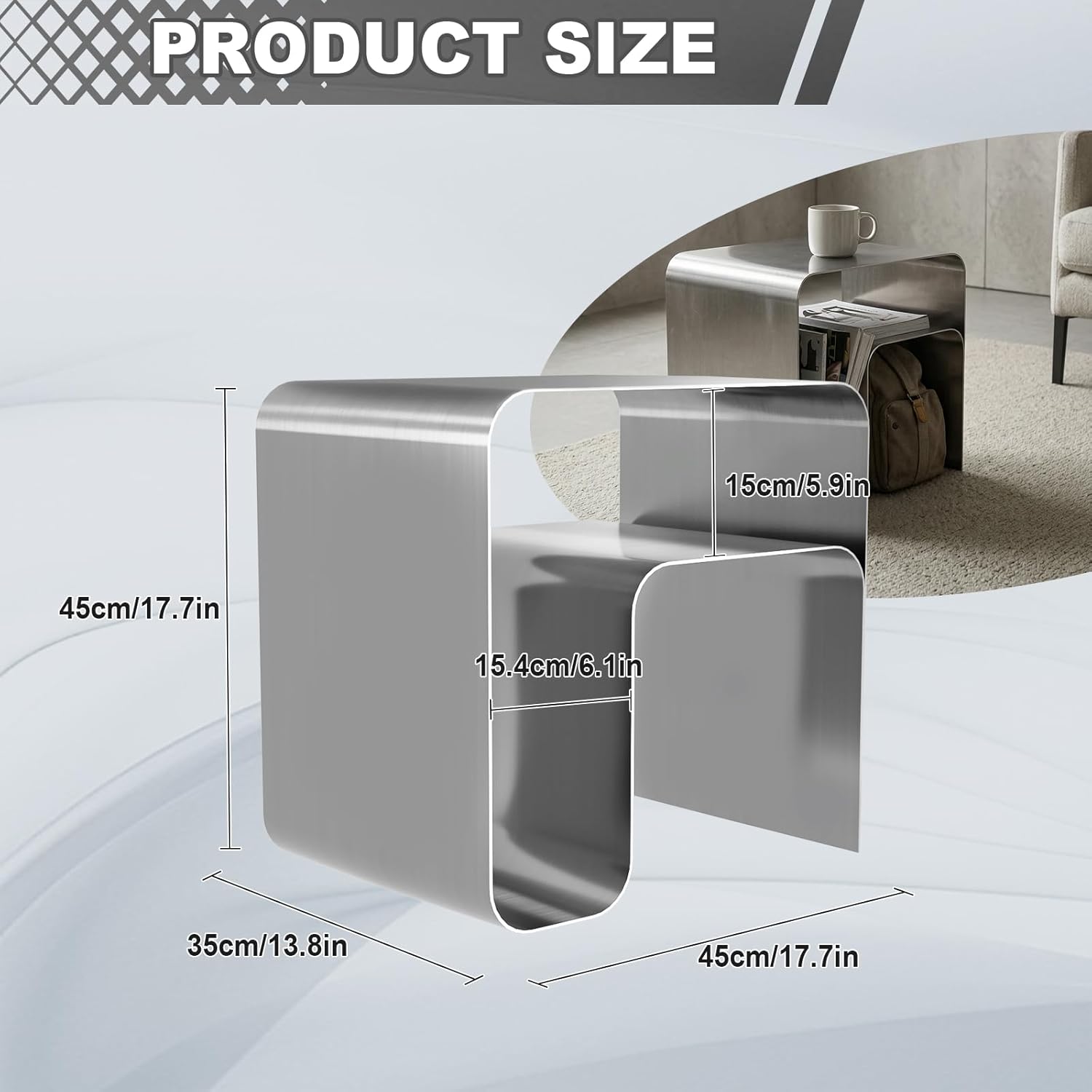 Minimalist Stainless Steel End Table, Modern Steel Frame Side Table and Sofa Table, Small Nightstand for Living Room Bedroom Office (17.7"x13.8"x17.7")