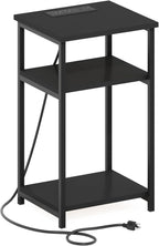 Furinno Moretti 3-Tier Black End Table with Charging Station, Metal Frame Side Table with USB and Type-C Charging Port, Night Stand, Bedside Table for Living Room, Bedroom, Dark Americano