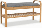 Fenteer Children Footstool Upholstered Bench with Storage and Slatted Shoe Shelf Bamboo Construction with Straight Legs Compact Design for Small Suitable for Hallway Dorm condo Kids Room